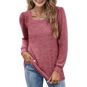 New Large Square Neck, Puff Sleeve Light Weight Casual Tunic Shirt in Burgundy